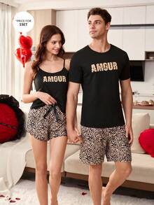 CoupledUp Bộ đồ ngủ nam tay ngắn, quần short, họa tiết da báo, chữ cái, kiểu dáng thường ngày. - Nhiều màu - Xem 1