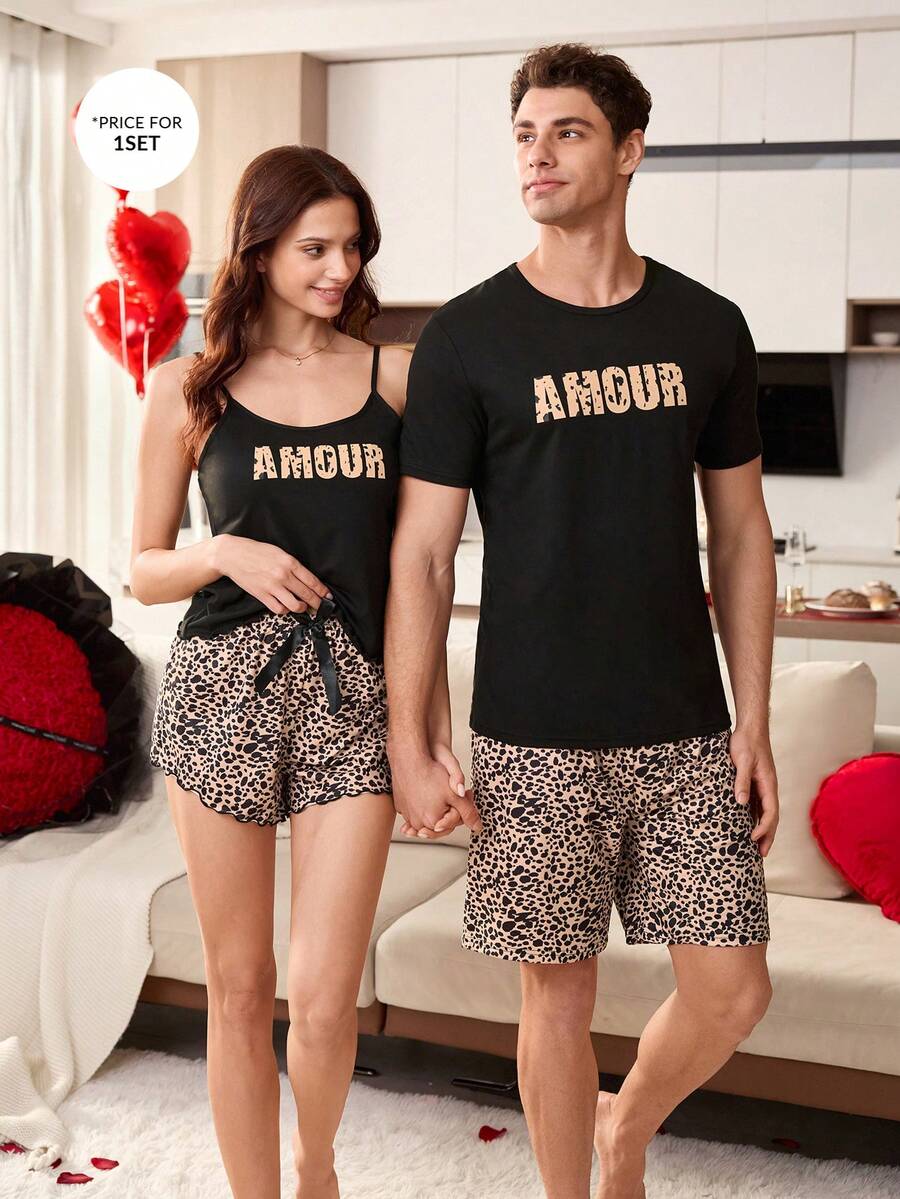 CoupledUp Bộ đồ ngủ nam tay ngắn, quần short, họa tiết da báo, chữ cái, kiểu dáng thường ngày. - Nhiều màu - Xem 1