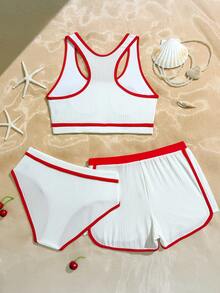 樱桃印花特殊面料少女泳装套装 - 紅白色 - 查看 2
