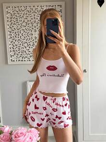 SHEIN EZwear Ensemble casual femme avec débardeur et short imprimés léopard, cœur et nœud papillon - Rouge - Voir 6