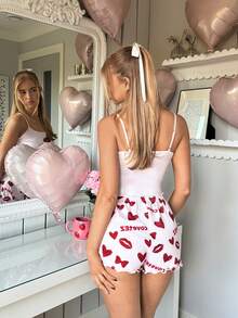 SHEIN EZwear Ensemble casual femme avec débardeur et short imprimés léopard, cœur et nœud papillon - Rouge - Voir 8