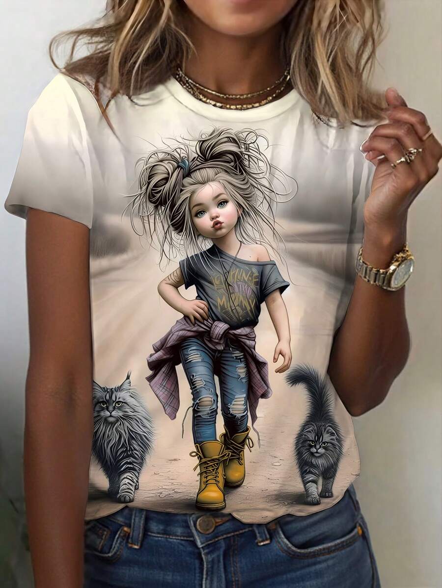 EMERY ROSE 女士休闲卡通人物印花圆领短袖T恤，夏季 - 彩色 - 查看 1