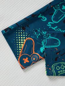 2pcs Tween Boy Video Game Print Pajama Set - Long Pants & Long Sleeve Top - Dark Green - View 10