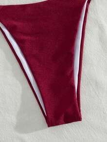 Swim DD+ 纯色珍珠光泽沙滩泳池派对扭绳软杯优雅度假比基尼套装 - 酒紅色 - 查看 6