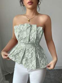 Rafferiza 女士奢华优雅花卉抹胸不对称上衣 - 綠色 - 查看 4