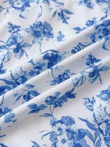 SHEIN 少女蓝色碎花无袖休闲荷叶边短款飘逸A字度假连衣裙，夏季服装，沙滩，假日，太阳裙，波西米亚风，海滩度假装扮 - 藍色 - 查看 7