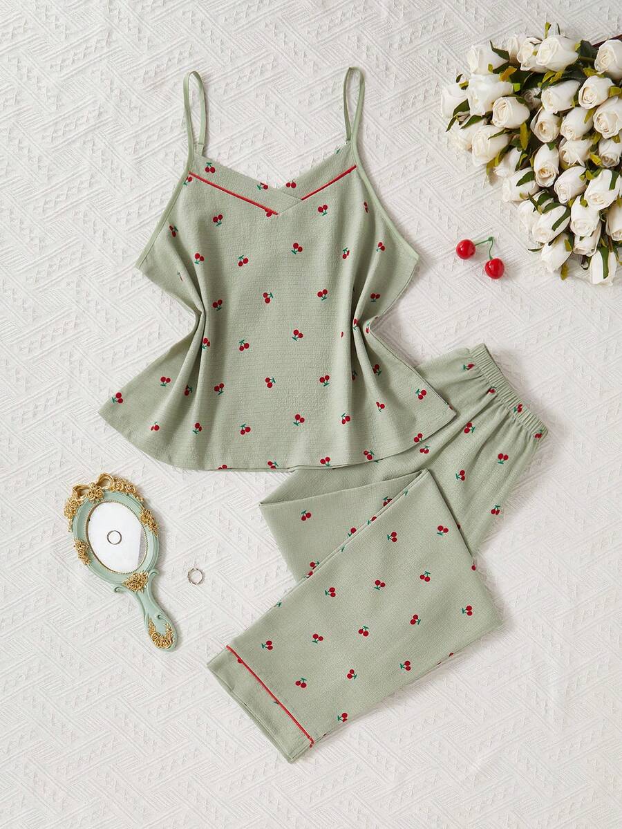 CottageSlumber 樱桃印花吊带背心和裤子女士睡衣套装，夏季家居服 - 綠色 - 查看 1