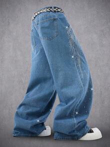 Manfinity Denimwave 时尚水钻装饰牛仔阔腿裤，男女皆宜的街头服饰 - 藍色 - 查看 2