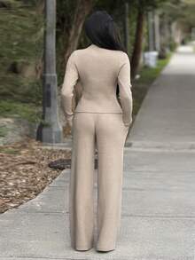 Durrani Popal Áo khoác cardigan tay dài cài nút, quần dệt kim co giãn thoải mái, bộ đồ dệt kim gân, trang phục dạo phố sang trọng, gợi cảm, mùa thu, đêm tiệc mùa thu, lễ tạ ơn sang trọng - Xám - Xem 2