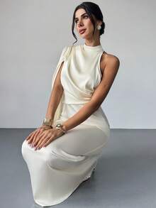 Firerie Women's Sexy  Elegant Minimalist Commuting Long Ribbon Backless Fitted Charmeuse Solid Color Asymmetry Waist Dress,Waist A-Line Dress, New Women's Dress, Waist Cinched Dress, Formal/Casual Commute,Wedding,Vacation Outfits Women,Valentine's Day Dress,Summer Dress ,Wedding Dress,Formal, Casual Date, Vacation,Prom Dress,Spring Break Outfits - Apricot - View 5