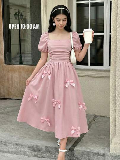 Girlism Teen Girls' Fashion Square Neck Bow Tie Long Dress