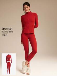 GLOWMODE 24" FeatherFit™ Slay The Day Buttery-Soft High-Rise Crossover Waist Y-Shaped Butt Side Pockets Slim Fit Jacket & Leggings Set Low Impact Yoga Studio Daily Casual Wear - Red - View 1
