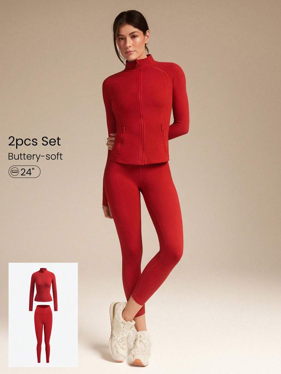 GLOWMODE 24" FeatherFit™ Slay The Day Buttery-Soft High-Rise Crossover Waist Y-Shaped Butt Side Pockets Slim Fit Jacket & Leggings Set Low Impact Yoga Studio Daily Casual Wear - Red - View 1