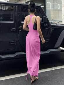 DAZY Đầm maxi ôm sát cổ chữ V dành cho nữ, kiểu dáng mùa hè. - Đỏ - Xem 2