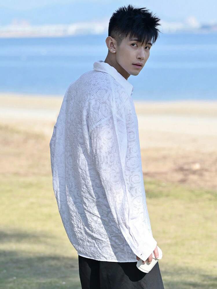 Men's Solid Color Long Sleeve Single-Breasted Casual Pocket Shirt, Spring/Summer