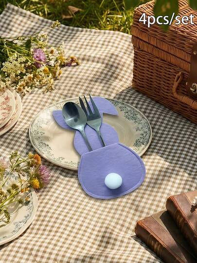 Joivida Bunny Shape Cutlery Storage Bags (4pcs/Set) - Fabric & Fiber Tableware Organizer Pouches (15cm*8.5cm) For Spoons/Forks, Cute Rabbit-Themed Cutlery Holders For Picnics/Outdoor Gatherings/Daily Use, Practical & Stylish Gift For Friends & Family Who Love Picnicking Or Cute Home Accessories