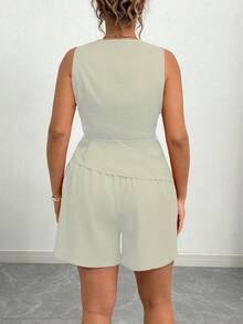 Elenzga 加大码红色复古系带不对称无袖上衣和短裤两件套摆裙套装（女款） - 卡其色 - 查看 2