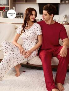 SHEIN 男士红色针织圆领短袖长裤睡衣套装（2件套） - 酒紅色 - 查看 7