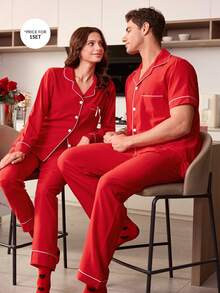 CoupledUp Contrast Trim Lapel Short Sleeve Pajama Set For Men - Red - View 6