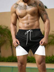 Manfinity Swimmode 男士夏季度假风抽绳腰带撞色二合一沙滩短裤 - 黑色 - 查看 4