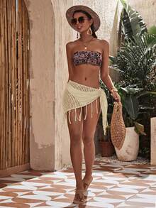 Swim Vcay 女士流苏钩编扭结针织罩衫，棕色，性感沙滩/音乐节风格，春夏款 - 米色 - 查看 4