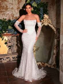 Glamrae Elegant And Glamorous, White, Sequined Embroidery, Luxurious Satin, Sailboat Neckline, Long Sleeves, Faux Two-Piece Design, Mermaid Skirt, Train. Suitable For Weddings, Bridal Gowns, Heavily Embellished Wedding Dresses.,Wedding Party Dress - White - View 3