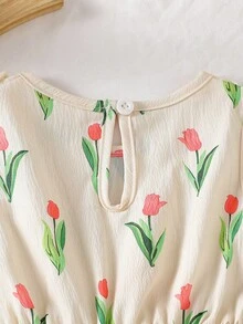 SHEIN Vintaside Kids 1件女婴可爱休闲紫色郁金香图案蝴蝶结装饰连衣裙，适合夏季、户外和度假穿着。 - 彩色 - 查看 8