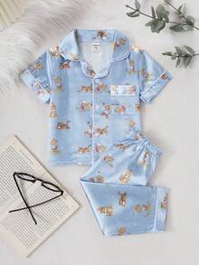 2件套幼儿男童简约纯色字母印花短袖上衣和裤子轻薄休闲睡衣套装，春夏款 - 淺藍色 - 查看 7