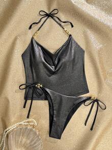 Swim Chiccia Summer Fashion Hot Selling Solid Color Tankini Top And Triangle Bottoms 2 Pieces Swimwear - Black - View 6