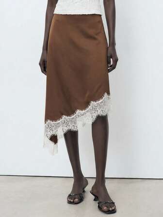ATUI Studio Women's High Waist Contrast Lace Asymmetric Hem Elegant A-Line Skirt, White Lace Hem Brown Satin Skirt, Effortless Chic Essential, Color Contrast Lace Satin Skirt