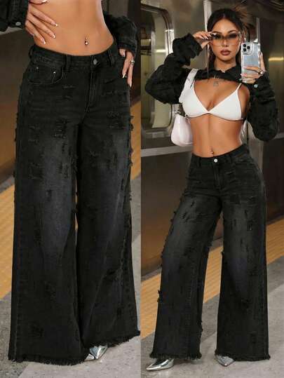 SHEIN PETITE Women's Casual Loose Distressed Denim Jeans Baggy Jeans Y2k Jeans Wide Leg Oversized Jeans Distressed Jeans Black Wide Leg Jeans