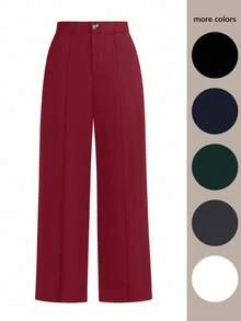 SHEIN LUNE Plus Size Women's Solid Color Wide Leg Loose Casual Office Pants - Burgundy - View 1