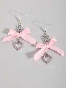 ROMWE Goth 2-Piece Fashionable Diamond-Encrusted Pink Love, Bow, Star Earrings, Suitable For Women's Daily Wear - Pink - View 3
