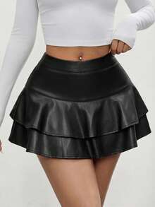 SHEIN SXY Women's Fashion Street Leather Ruffle Skort, Summer,Valentine's Day,Leather ,Balck Skirt ,Club ,Sexy Black Ruffle Skirt Black Leather Skirt Sexy Skirts For Women Black Skirt Mini Short Skirt - Black - View 4