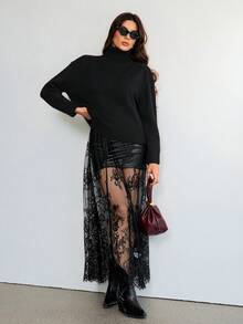 SHEIN Tall 2025 Thích hợp cho nhiệt độ 5-15°C, Có thể mặc nhiều lớp, Phong cách đô thị hiện đại, Vải ren đen, Dáng ôm eo, Đầm dài nữ, Thanh lịch & Đa năng cho trang phục hàng ngày, Đầm dự tiệc mùa xuân hè mới, Trang phục ren xuyên thấu cho nữ - màu đen - Xem 8