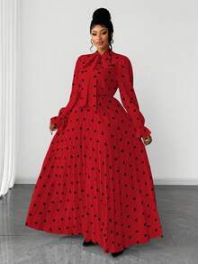 Maweii 大码波点印花荷叶边情人节休闲连衣裙 - 紅色 - 查看 5