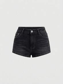 ROMWE Avant Pantaloni scurți din denim pentru femei, mărime plus, cu model vintage Y2K, brodați cu craniu și aripi - Negru - Vizualizare 4