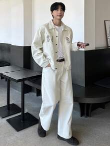 DAZY Embroidered Pattern Washed Beige Men's Jacket Set, Spring/Autumn - Apricot - View 7