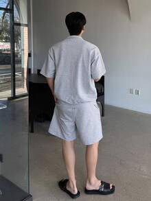 DAZY Men's Loose Gray Button-Up Half Placket T-Shirt Set, Summer - Grey - View 2