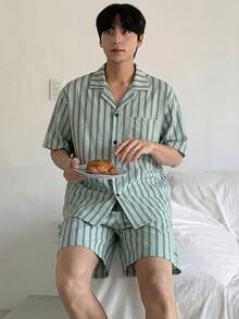 DAZY 夏季多色条纹短袖衬衫短裤男士睡衣套装 - 彩色 - 查看 3