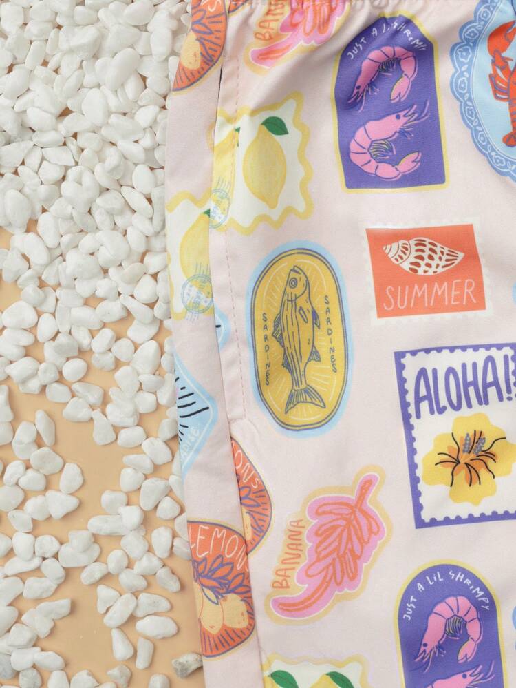 Beach Stamp Print Swim Shorts With Tropical Motifs