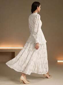 Anewsta 女士奢华新年圣诞连衣裙，优雅派对礼服，感恩节服装，法式褶皱V领泡泡袖修身连衣裙 - 杏色 - 查看 5