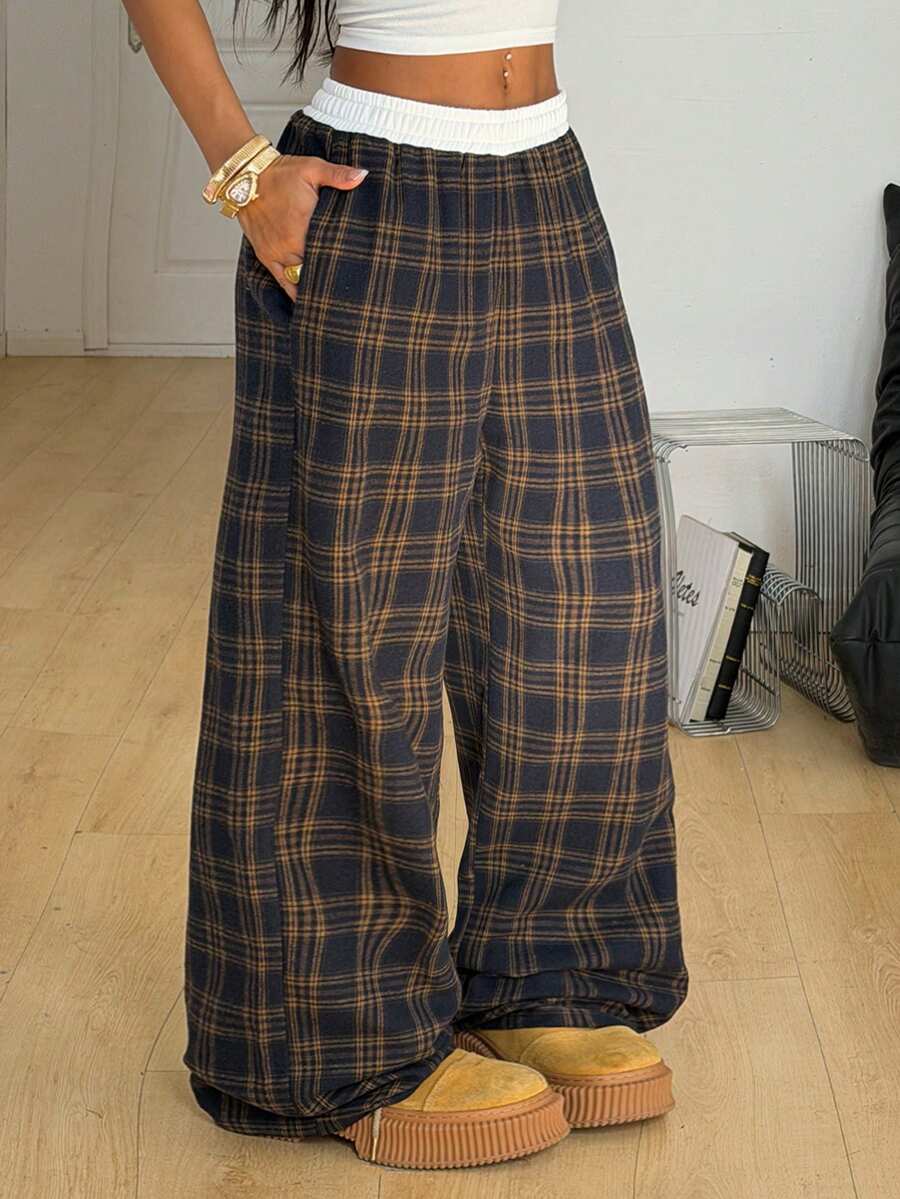 Coolane Women's Spring/Summer Streetwear Going Out Striped Pattern Wide Leg Casual Turn-Down Trousers Pants Plaid Pants Wide Leg Pants Loose Pants