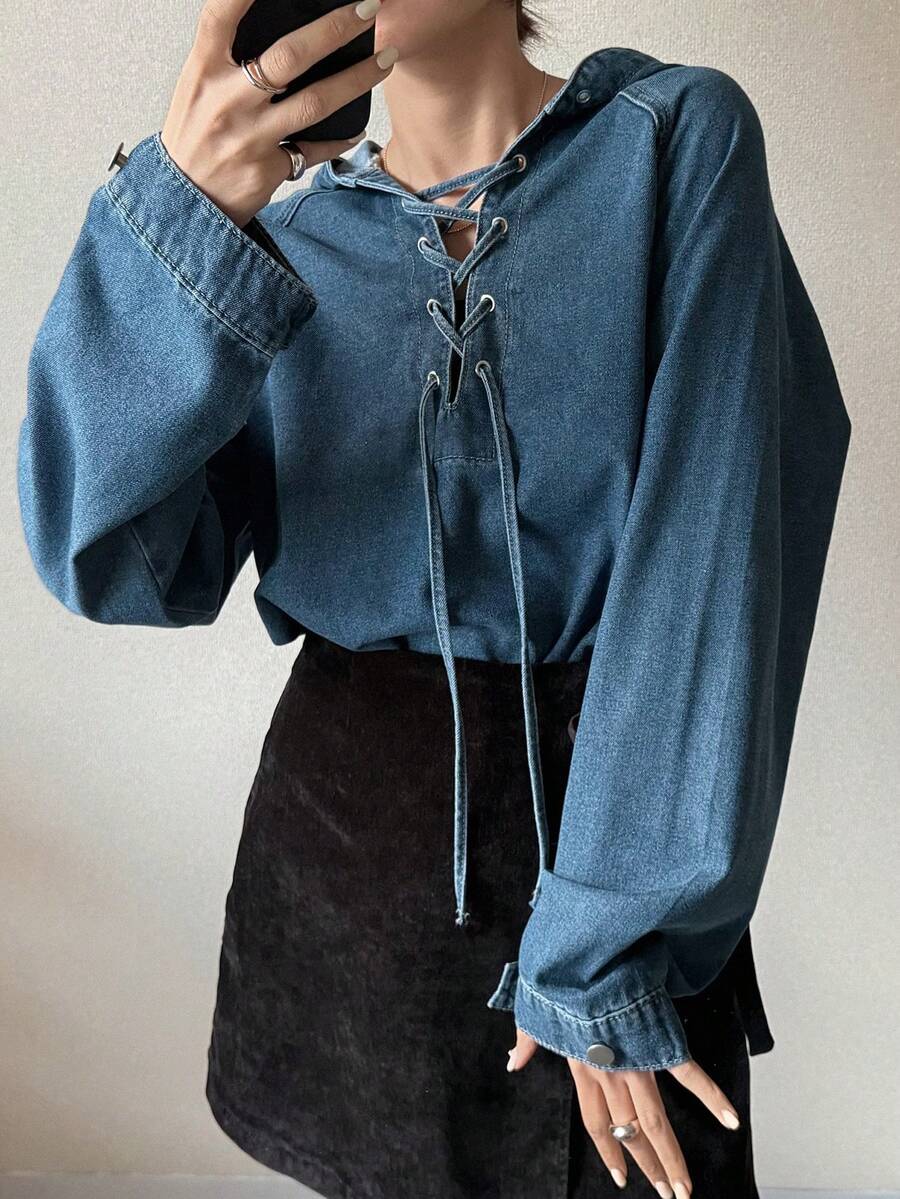 FRIFUL Women's Casual Washed Criss-Cross Hooded Denim Top - Blue - View 1