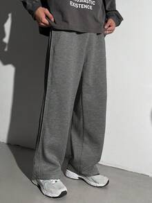 SHEIN 青少年男孩 1件休閒嘻哈風寬鬆針織街頭風波浪復古學院風長款百褶運動長褲，回歸；文藝復興；秋季穿搭；青少年男孩服飾；外衣；機場；雞尾酒會； - 深灰色 - 查看 5