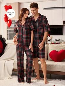 CoupledUp 2pcs Men Casual Plaid Print Short Sleeve Shirt And Shorts Pajama Set Women's Pajama Set Men's Sleepwear Plaid Pajama Set Couple Matching Pajamas Set Pajama Sets - Multicolor - View 1