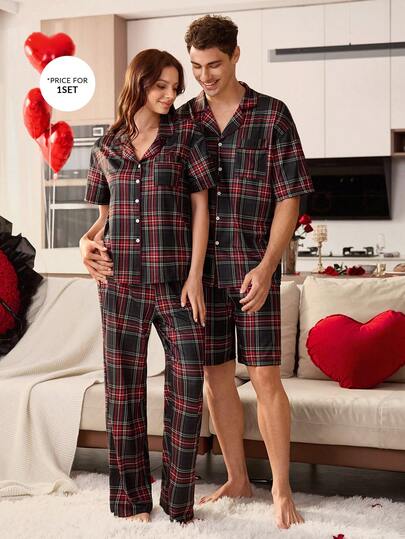 SHEIN 男士休闲格子印花短袖衬衫和短裤睡衣套装（2件套）