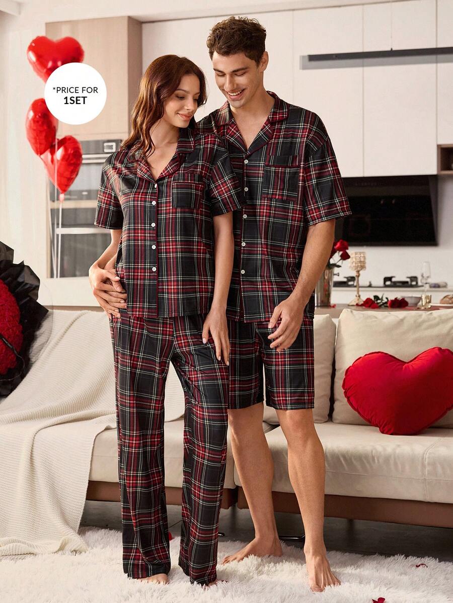 CoupledUp 2pcs Men Casual Plaid Print Short Sleeve Shirt And Shorts Pajama Set Women's Pajama Set Men's Sleepwear Plaid Pajama Set Couple Matching Pajamas Set Pajama Sets - Multicolor - View 1