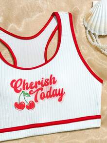 樱桃印花特殊面料少女泳装套装 - 紅白色 - 查看 4