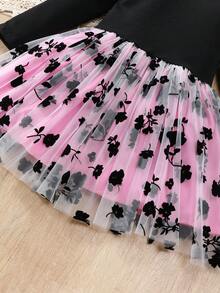 SHEIN Elladie kids 少女碎花网纱荷叶边收腰长袖连衣裙，时尚派对及假日风格，秋/春季 - 彩色 - 查看 4